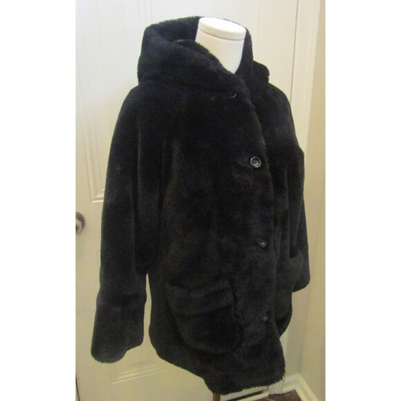 GAP Coat Black Faux Fur Jacket Hooded Vintage Front Pockets Lined Size S/M - Picture 6 of 7